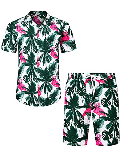 J.VER Herren Hawaiihemd Kurzarm Party Hemd Casual Flamingo Floral Strandhemd Bügelfrei Button Down Kurzarm Hawaii Shirt und Shorts Faltenfrei Urlaub Hemd Set,Grün Flamingo,3XL von J.VER