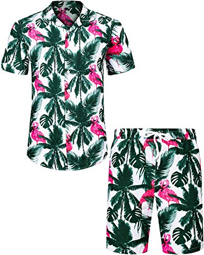 J.VER Herren Hawaiihemden Casual Button Down Kurzarm Shirts Set Bedruckte Shorts Strand Tropische Hawaii Anzüge, A-Weiß-Flamingo, Large von J.VER