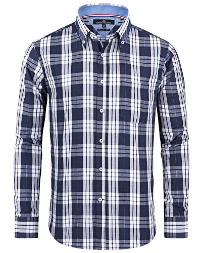 J.VER Herren Hemd Blau Kariert Oberhemden Langarm Bügelfrei Freizeithemd Button Down Baumwolle Hemden Oktoberfest Shirt mit Tasche,Marineblau,3XL von J.VER