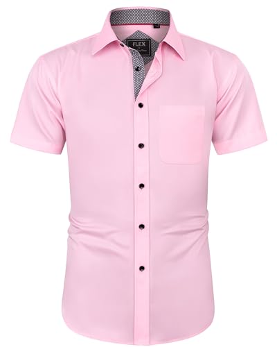 J.VER Herren Hemd Kurzarm Freizeithemd mit Tasche Regular Fit Businesshemd Bügelleichte Oberteile Männer Modern,Rosa,3XL von J.VER