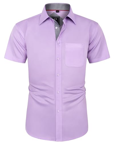 J.VER Herren Hemd Kurzarm Freizeithemd mit Tasche Regular fit Businesshemd Bügelleichte Oberteile Männer Modern,Rosa Lila,2XL von J.VER