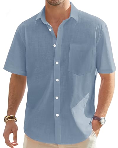 J.VER Herren Leinenhemd Kurzarm Sommerhemd Freizeithemd Kurzarmhemd Men´s Shirt Herren Klassisches Sommer Leinenhemd mit Brusttasche,Graublau,M von J.VER