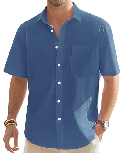 J.VER Herren Leinenhemd Kurzarm Sommerhemd Freizeithemd Kurzarmhemd Men´s Shirt Herren Klassisches Sommer Leinenhemd mit Brusttasche,Mittelblau,L von J.VER