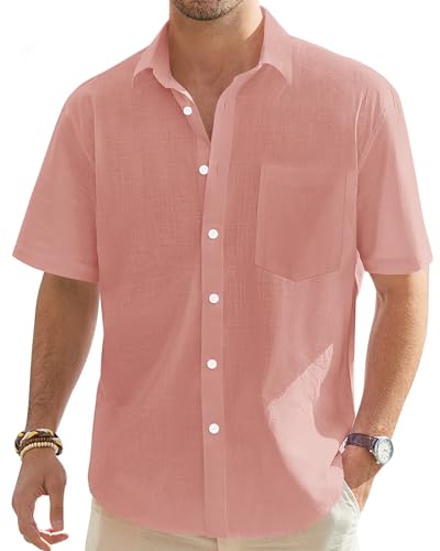 J.VER Herren Leinenhemd Kurzarm Sommerhemd Freizeithemd Kurzarmhemd Men´s Shirt Herren Klassisches Sommer Leinenhemd mit Brusttasche,Orange Rosa,L von J.VER