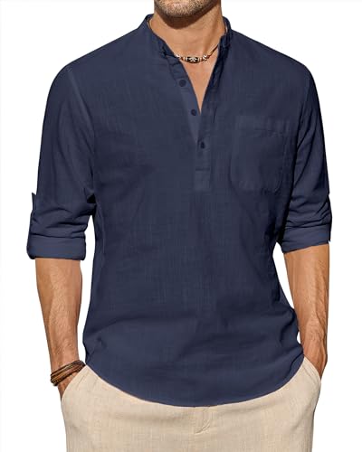 J.VER Herren Leinenhemd Marine Sommer Langarm Henley Hemd Normale Passform Freizeithemd Männer 4XL von J.VER