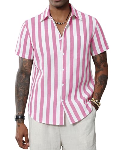 J.VER Herren-Leinenhemden, kurzärmelig, lässig, gestreift, Button-Down-Shirt, für Sommer, Strand, Yoga, Rose, 3X-Groß von J.VER