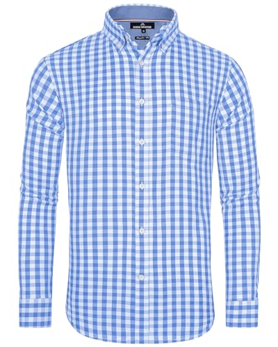 J.VER Herren Hemd Blau Kariert Oberhemden Langarm Bügelfrei Freizeithemd Button Down Baumwolle Hemden Oktoberfest Shirt mit Tasche,Blau Weiß,4XL von J.VER