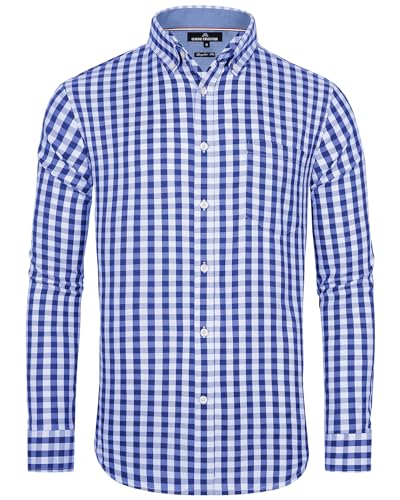 J.VER Herren Hemd Blau Kariert Oberhemden Langarm Bügelfrei Freizeithemd Button Down Baumwolle Hemden Oktoberfest Shirt mit Tasche,Marineblau Weiß,4XL von J.VER