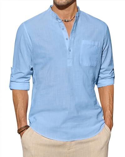 J.VER Leinenhemd Herren Langarm Freizeithemd Henley Sommerhemd Herren Hemd Regular Fit Men Shirts,Hellblau,XL von J.VER