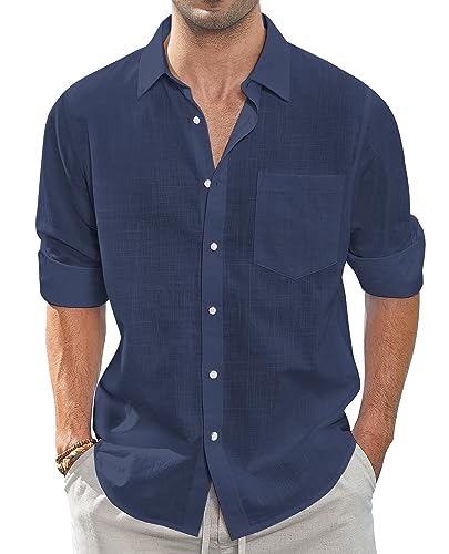 J.VER Leinenhemd Herren Marineblau Sommerhemd Button Down Freizeithemd Hemd Herren Langarm Regular Fit Oberhemden Herren,Marineblau,4XL von J.VER