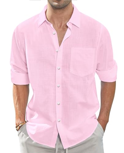 J.VER Leinenhemd Herren Sommer Herren Langarm Businesshemd Herren Strand Hemd Freizeithemd Leichtes Strandoberteil mit Tasche,Rosa,3XL von J.VER