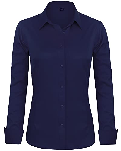 J.Ver Damen Kleid Shirts Langarm Knopfleiste Hemden Faltenfreie solide Arbeitsbluse, Marineblau, Mittel von J.VER