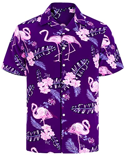 J.VER Herren Hawaiihemd Kurzarm Sommerhemd Casual Flamingo Floral Strandhemd Bügelfrei Button Down Kurzarm Hawaii Shirt Faltenfrei Urlaub Shirt,Lila Flamingo,3XL von J.VER