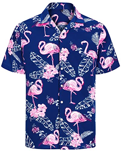 J.VER Herren Hawaiihemd Kurzarm Sommerhemd Casual Flamingo Floral Strandhemd Bügelfrei Button Down Kurzarm Hawaii Shirt Faltenfrei Urlaub Shirt,Blau Flamingo,XL von J.VER