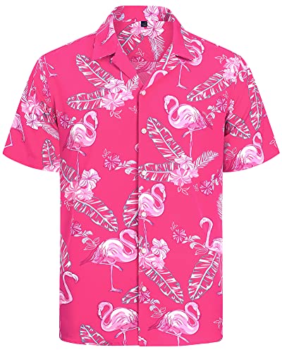 J.VER Herren Hawaiihemd Kurzarm Sommerhemd Casual Flamingo Floral Strandhemd Bügelfrei Button Down Kurzarm Hawaii Shirt Faltenfrei Urlaub Shirt,Rosa Flamingo,4XL von J.VER