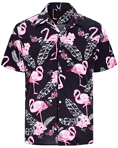 J.VER Herren Hawaiihemd Kurzarm Sommerhemd Casual Flamingo Floral Strandhemd Bügelfrei Button Down Kurzarm Hawaii Shirt Faltenfrei Urlaub Shirt,Schwarz Flamingo,M von J.VER