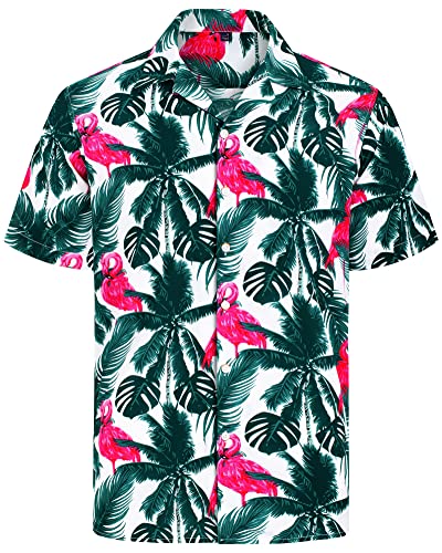 J.VER Herren Hawaiihemd Kurzarm Sommerhemd Casual Flamingo Floral Strandhemd Bügelfrei Button Down Kurzarm Hawaii Shirt Faltenfrei Urlaub Shirt,Grün Flamingo,L von J.VER