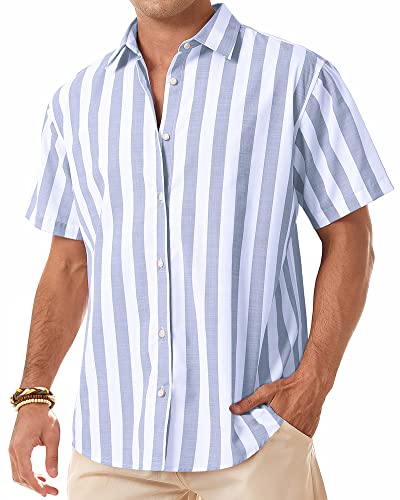 J.VER Herren Leinenhemd Kurzarm Sommerhemd Freizeithemd Kurzarmhemd Men´s Shirt Herren Klassisches Sommer Leinenhemd mit Brusttasche,Blau weiß Streifen,L von J.VER