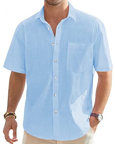 J.VER Herren Leinenhemd Kurzarm Sommerhemd Freizeithemd Kurzarmhemd Men´s Shirt Herren Klassisches Sommer Leinenhemd mit Brusttasche,Azurblau,L von J.VER