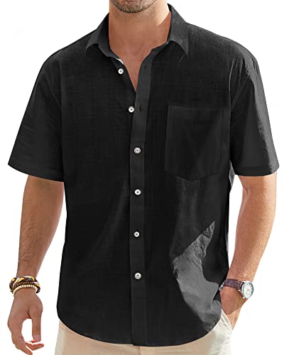 J.VER Leinenhemd Herren Hemd Kurzarm Leinenshirt Freizeithemd Businesshemd Sommer Casual Regular Fit Shirt,Schwarz,XXL von J.VER