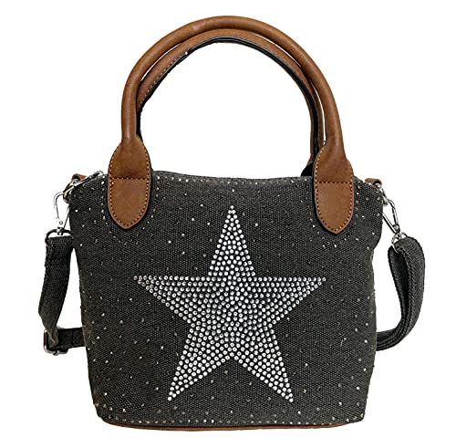 STERN Strass Glitzer Small Star Damen kleine Tasche Canvas Stoff Fashion Henkeltasche Schultertasche Stofftasche Mini Mädchen (Schwarz) von J26