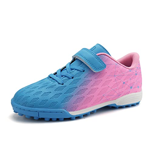 JABASIC Hallen Fussballschuhe Kinder Jungen Mädchen Fußballschuhe Kinder Kunstrasen (33EU,Blau Rosa) von JABASIC