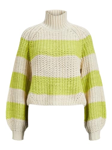 JACK&JONES Damen JXKELVY Chunky Stripe HIGH Neck Knit SN Strickpullover, Bone White/Stripes:Limeade, XS von JACK & JONES