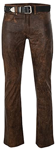 JACKETZONE Herren-Lederhose, Lederhose, schmale Passform, Antik-Look, Braun, Braun – Hose im Used-Look, 27-32 von JACKETZONE