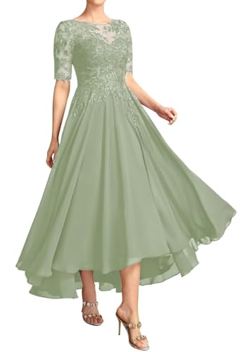 JAEDEN Brautmutterkleider für Hochzeit Wadenlang Spitze Abendkleider 1/2 Ärmel Festkleid Chiffon Hochzeitsgast Kleid Salbeigrün 50 von JAEDEN