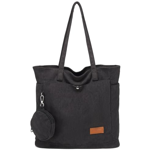 JANSBEN Cord Tasche Damen Shopper große-mit Münzbörsen Handtasche Schultertasche mit Reißverschluss Stoff Shopping Tote Bag für Alltag und Schule Einkaufens Schwarz von JANSBEN