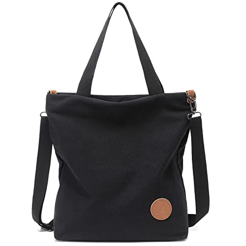 JANSBEN Damen Canvas Handtasche Schultertasche Strandtasche Casual Multifunktionale Umhängetaschen Groß für Arbeit Schule Shopper Lässige täglich (Schwarz) von JANSBEN