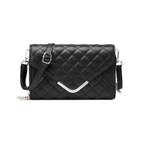 JANSBEN Damen Umhängetasche Klein Leder Gesteppte Tasche Mehrere Fächer Schultertasche Vegan Crossbody Bag Handytasche Reisepass Abendtasche Ausweistaschen mit Kreditkartenfächern(Schwarz) von JANSBEN