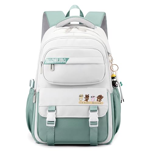 JANSBEN Schulrucksack Mädchen Teenager Schulranzen Jungen Wasserdicht Rucksack Schule Viele Fächer Laptopfach Schultasche für 1-5.klasse 21L Grün von JANSBEN