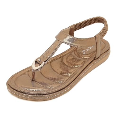 JAOOUU Sandalen Damen Sommer Flache Zehentrenner Sandaletten Bohemian Flip Flops Bequeme Runde Zehen für den Strandurlaub(Bronze,36EU) von JAOOUU