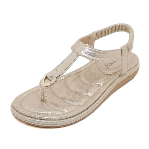 JAOOUU Sandalen Damen Sommer Flache Zehentrenner Sandaletten Bohemian Flip Flops Bequeme Runde Zehen für den Strandurlaub(Goldene,37EU) von JAOOUU