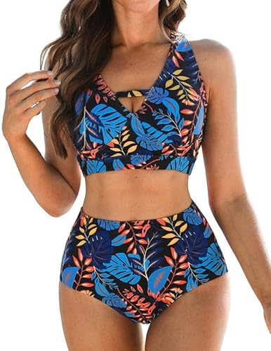 Badeanzug Damen Bauchweg,weicher V-Ausschnitt Bikini-Oberteile und High Waist Bikini-Unterteile, Cut Out Bademode, bedruckte Badebekleidung, Bauchkontrolle Badeanzüge, gepolsterte Strandbekleidung von JASAMBAC