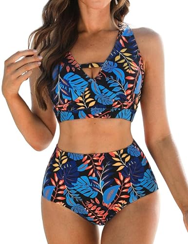 Bikini Damen Set,weicher Badeanzug, V-Ausschnitt Bikini-Oberteile und High Waist Bikini-Unterteile, Cut Out Bademode, bedruckte Badebekleidung, Bauchweg Badeanzüge, gepolsterte Strandbekleidung von JASAMBAC