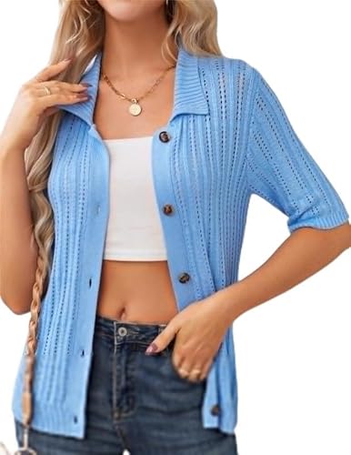 Cardigan Damen Kurz，Sommer-Kurzarmbluse, Elegante Freizeitoberteile, Leichte Strickjacke, Knopfleiste, Strickwaren, 3/4-äRmel, Strickjacke, Gestricktes T-Shirt von JASAMBAC