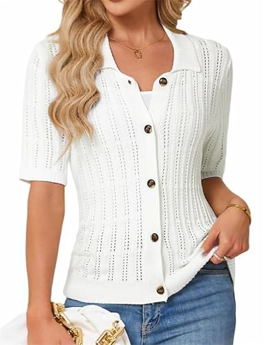 JASAMBAC Cardigan Damen Sommer，Sommer-Kurzarmbluse, Elegante Freizeitoberteile, Leichte Strickjacke, Knopfleiste, Strickwaren, 3/4-äRmel, Strickjacke, Gestricktes T-Shirt von JASAMBAC