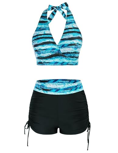 JASAMBAC Badeanzug MäDchen-Bauchweg，Bikini Damen Set，V Neck-Bikinioberteil Und High Waist Badeshorts, Weicher Damen-BadeanzüGe Kordelzug Badebekleidung, Florale Bademode FüR Strand, Pool von JASAMBAC