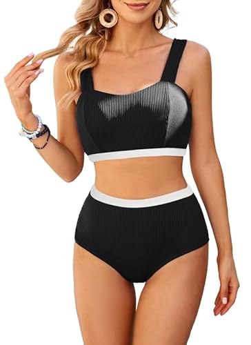 JASAMBAC Bikini Damen Bauchweg，Badeanzug Damen，Bikini Push Up -Oberteil Und High Waist Bikini-Unterteile Badebekleidung Weiche Bademode Elastische Schwimmanzug Gerippt Bescheiden Bademode von JASAMBAC