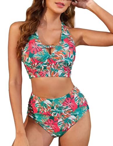 JASAMBAC Bikini Damen Set High Waist,weicher Badeanzug, V-Ausschnitt Bikini-Oberteile und High Waist Bikini-Unterteile, Cut Out Bademode, Bedruckte Badebekleidung, Bauchweg Badeanzüge, gepolsterte von JASAMBAC