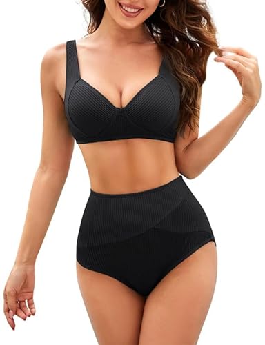 JASAMBAC Bikini Damen Set Push Up，Badeanzug Damen Bauchweg, V-Ausschnitt Bikini Oberteil Und High Waist Bikini-Unterteile Badebekleidung Weiche Bademode Elastische Schwimmanzug Gerippt Bademode von JASAMBAC