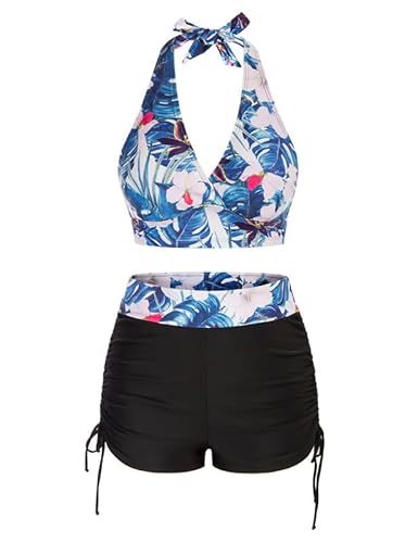 JASAMBAC Bikini Push Up Damen，V Neck-Bikinioberteil Und High Waist Badeshorts, Weicher Damen-Badeanzug, Kordelzug Badebekleidung, Florale Bademode FüR Strand, Pool von JASAMBAC