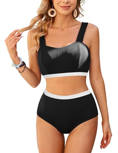 JASAMBAC Sport Bikini Damen， Badeanzug Damen Bauchweg, Bikini Push Up -Oberteil Und High Waist Bikini-Unterteile Badebekleidung Weiche Bademode Elastische Schwimmanzug Gerippt Bescheiden Bademode von JASAMBAC