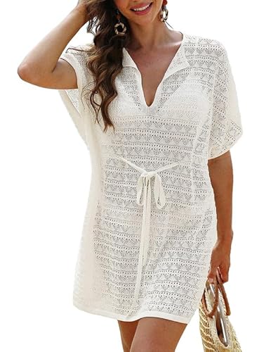 JASAMBAC Strandkleid Damen luftig,Übergröße strandtunika,gestrickter Bikini Cover Up,ausgehöhlte Pareos,Sommer Strandkleider,gehäkelte Bademode Strandkleider mit Gürtel von JASAMBAC