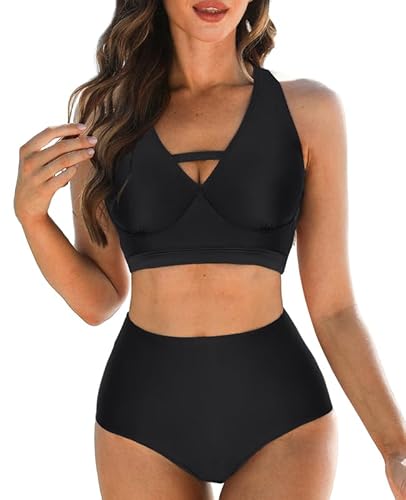 Schwimmanzug Damen,weicher Badeanzug, V-Ausschnitt Bikini-Oberteile und High Waist Bikini-Unterteile, Cut Out Bademode, bedruckte Badebekleidung, Bauchweg Badeanzüge, gepolsterte Strandbekleidung von JASAMBAC