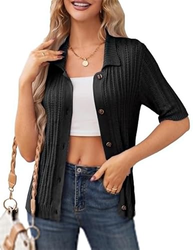 Strickjacke Damen Kurz，Sommer-Kurzarmbluse, Elegante Freizeitoberteile, Leichte Strickjacke, Knopfleiste, Strickwaren, 3/4-äRmel, Strickjacke, Gestricktes T-Shirt,Polo Shirts von JASAMBAC