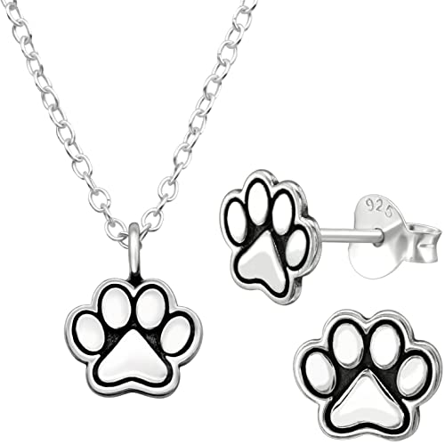 JAYARE Kinder Schmuckset Mädchen - Pfoten Hund Katze - Halskette und Ohrringe - Kette Silber 925 mit Anhänger und Ohrstecker von JAYARE