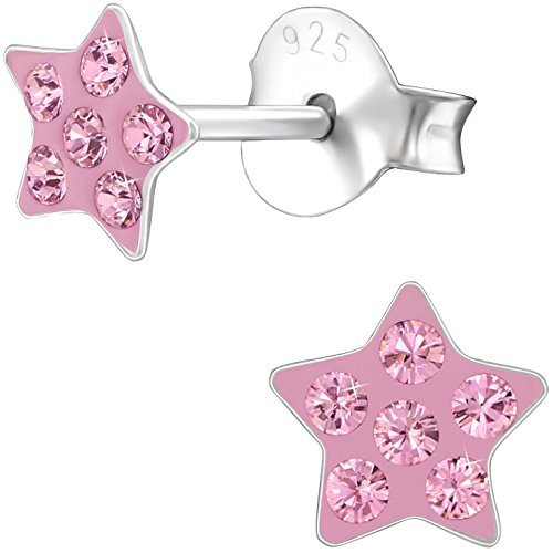 JAYARE Ohrringe Mädchen Sterne 925 Sterling Silber Glitzer-Kristalle rosa-pink Kinder Ohrstecker von JAYARE